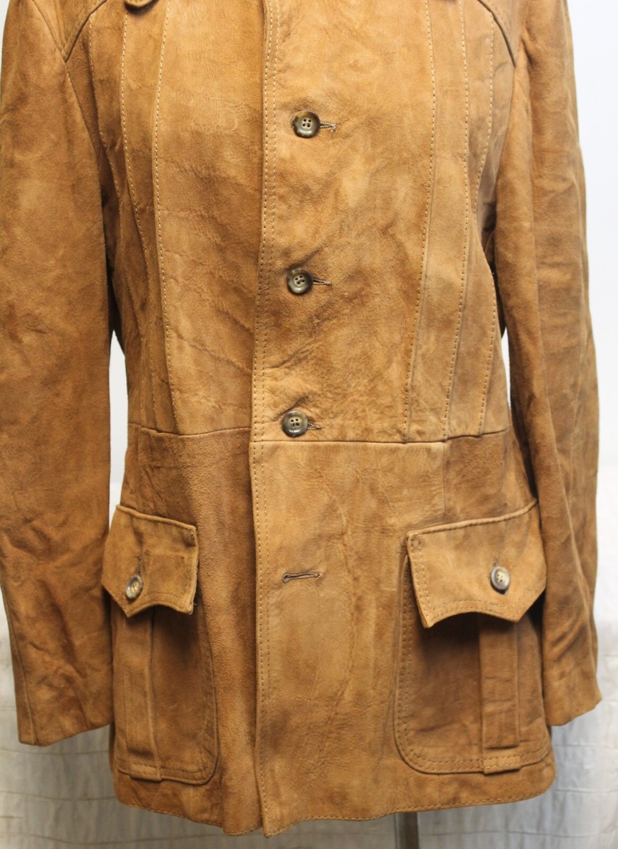 Vtg 60s Brown Suede Leather Car Coat Western Jacket German