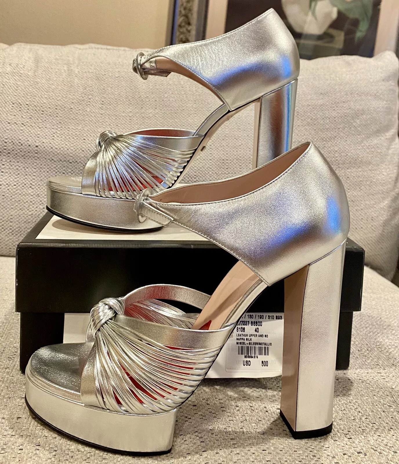 GUCCI 577227 Argento Bracelet Talons Plateforme Sandales Argenté Cuir Napa 40 US 10