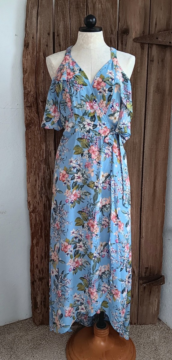 Trixxi Blue Floral Wrap Dress Cold Shoulder Maxi Short Sleeve Womens Medium  | eBay