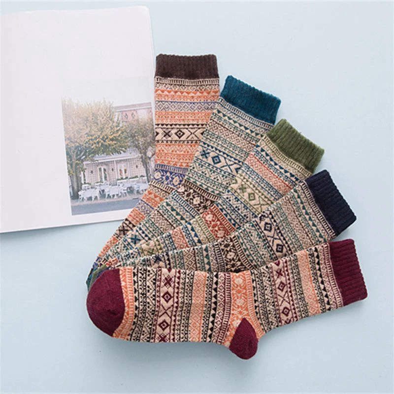 4%Sheep wool Blend 5 Pairs Nordic Thick Knitted Crew Socks+ Thermal Winter