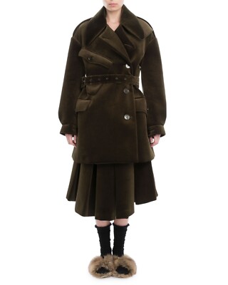 Simone Rocha Fall 2017 Runway Forest Green Velvet Trench Coat, Size UK 6