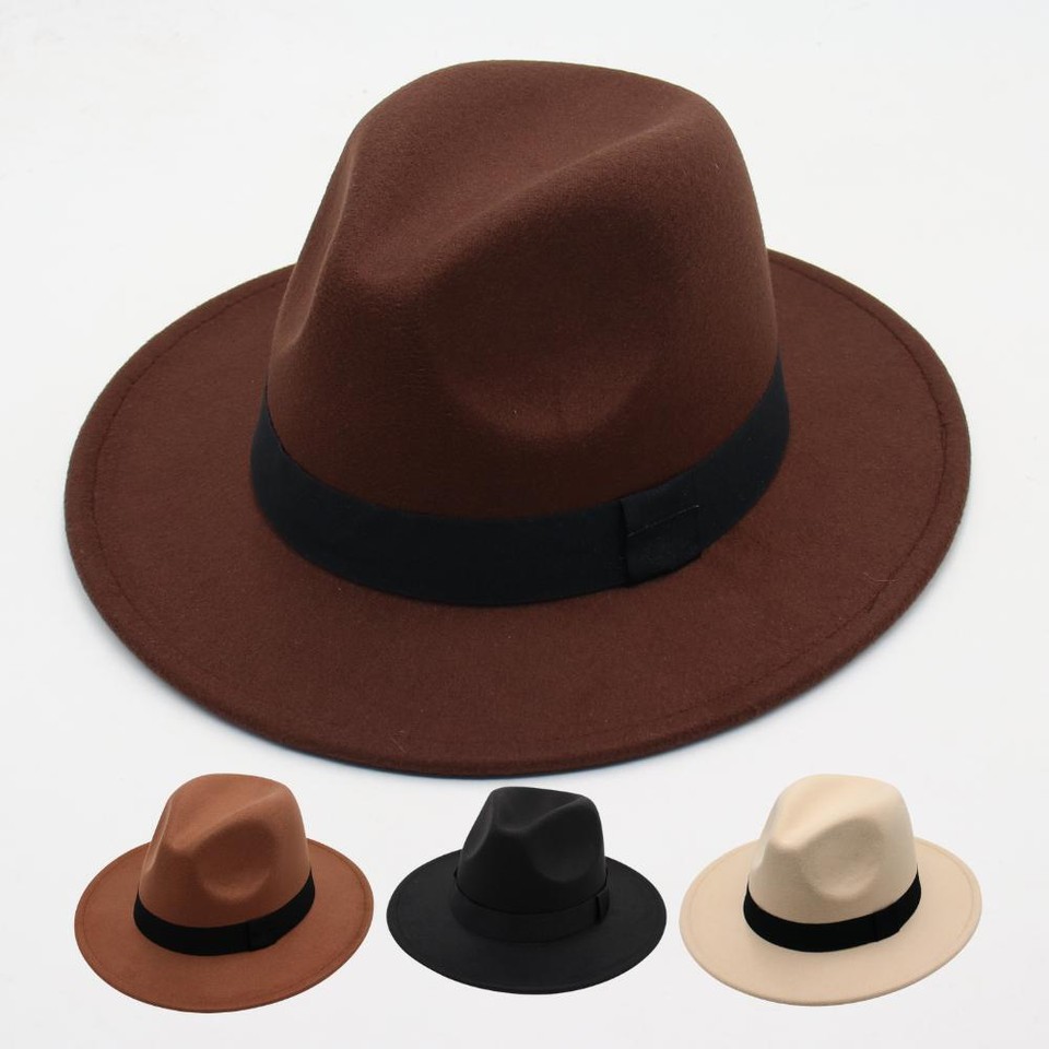 Fedora Panama Trilby Wide Brim Hat For Men Gentleman Cowboy Wool Blend