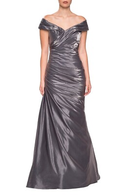 LA FEMME 25656 Platinum Silver Gunmetal Pleated Ruched Satin Mermaid Gown 18 XXL
