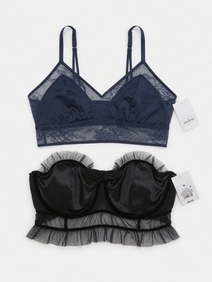 Auden Navy Lace Bralette + Black Tulle Ruffle Babydoll Size M NWT Lingerie Lot