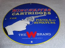 VINTAGE 1957 WINCHESTER CARTRIDGES PISTOL REVOLVER 11 3/4" PORCELAIN METAL SIGN!
