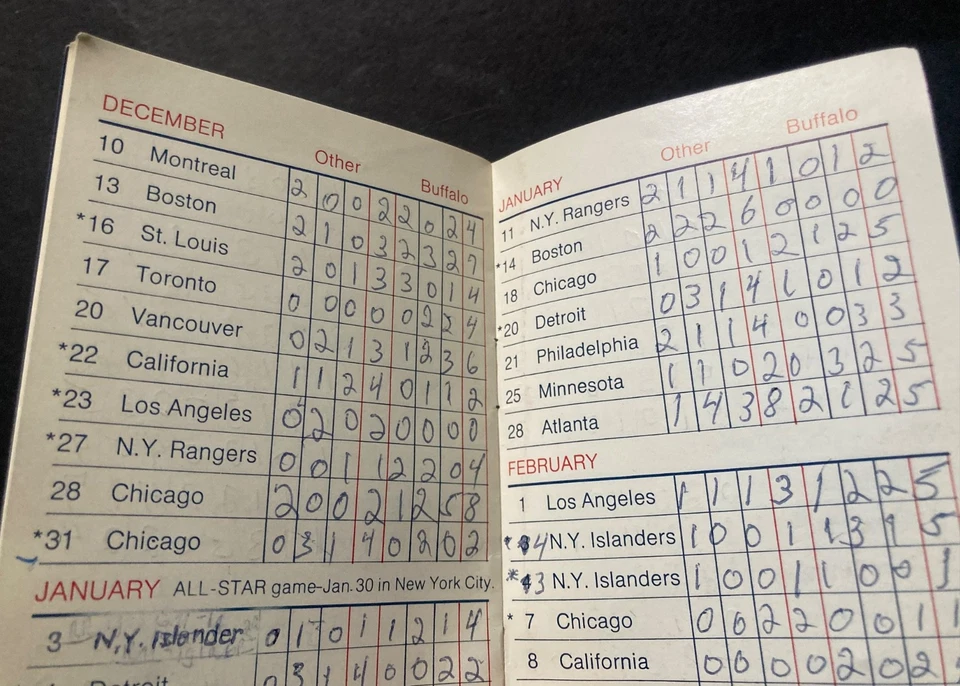 Calendario y tarjeta de puntuación de bolsillo Buffalo Sabres 1972-73 vintage Foto 3 de 4