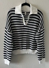 Wishlist Womens Sweater Size Large Navy White Collared Open Knit Preppy Nautical