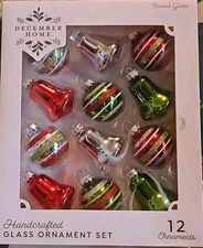12 GLASS December Home Ornaments STRIPES BELLS MICA RETRO SHINY BRITE  TYPE