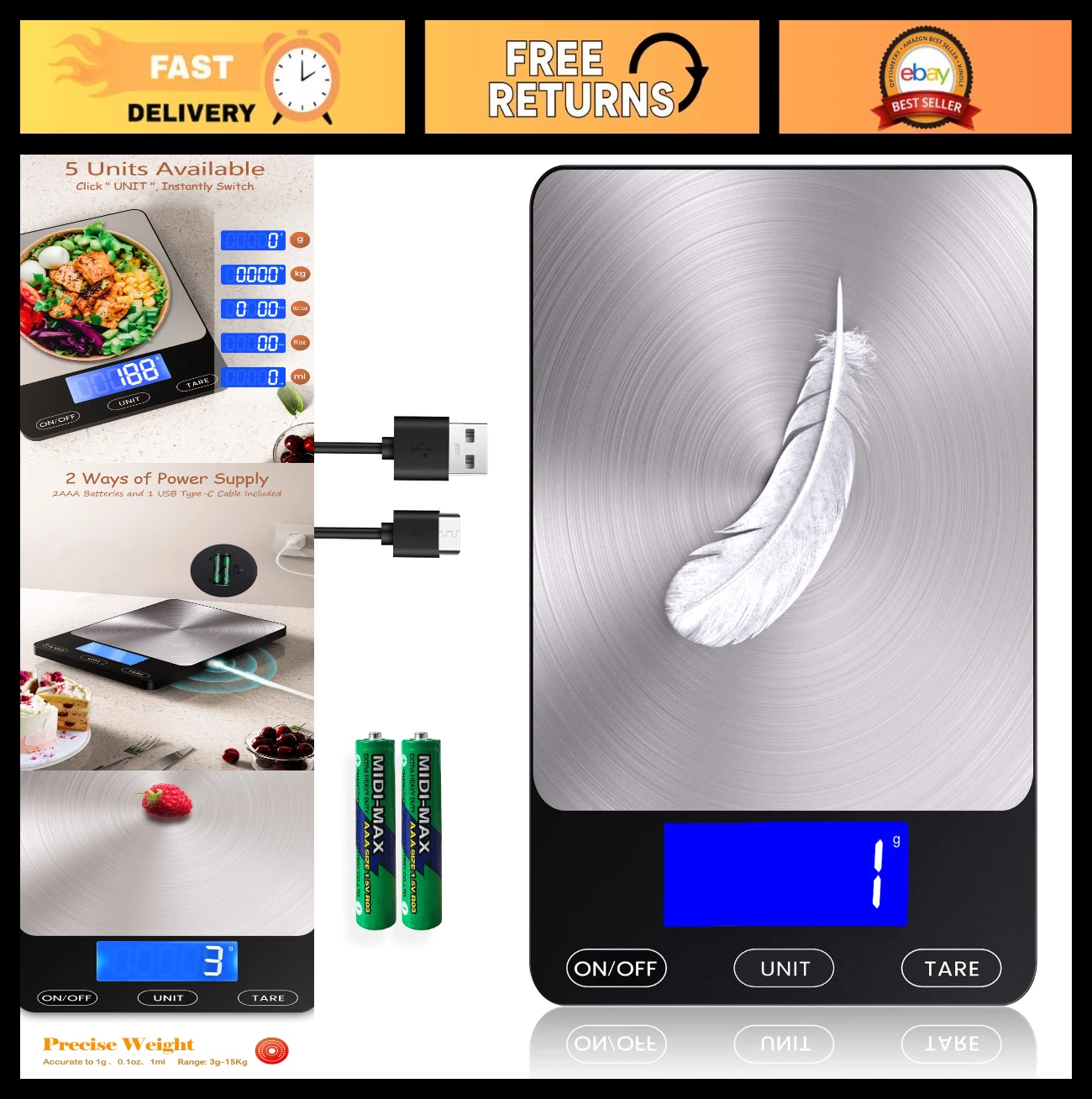 Digital Kitchen Food Scale 33lb - Rechargeable Stainless Steel, Ounces & Grams,
Opens in a new windo