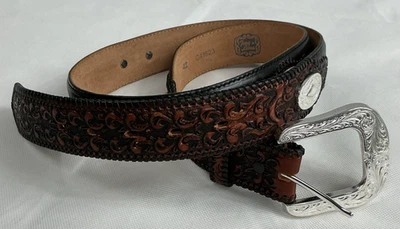 Tony Lama Western Leather Belt Size 42 Black Brown Embossed Overlay Conchos - Image 1 of 4