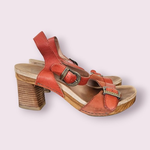 DANSKO Anna Coral Red Leather Boho Cottagecore Heels Clogs Sandals szEU37 US 6.5