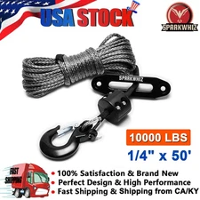 SPARKWHIZ 1/4" x 50' Synthetic Winch Rope Cable 10000lbs w/Sleeve + Winch Hook