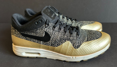 Nike  Womens Air Max 1 Ultra Flyknit Black Metallic Gold 881195 Size 9.5 HTF