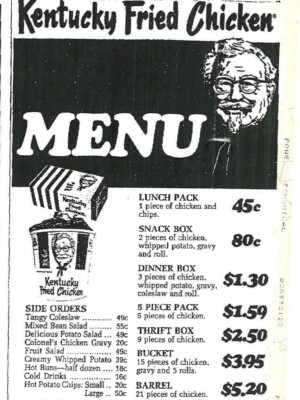 KFC KENTUCKY FRIED CHICKEN VINTAGE OLD MENU PRICE PHOTO, BARGAIN,2, chips drinks