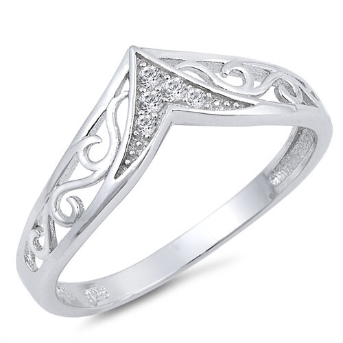 Art Deco Floral Carved Filigree CZ Promise Ring In Sterling Silver