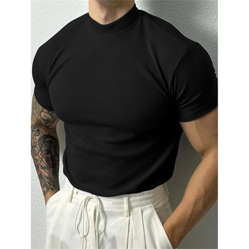 Mens T Shirts High Neck Summer Tops Men Sport Casual Short Sleeve T-shirt - Picture 9 of 16