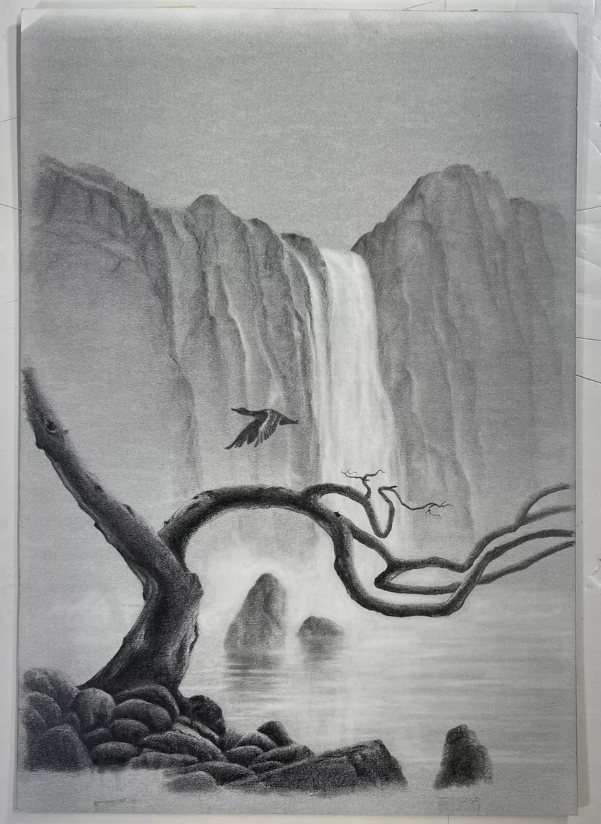 KREA - A black and white pencil sketch of a huge waterfall flowing into a  very large lake, surrounded by lots of trees and very rocky cliffs.