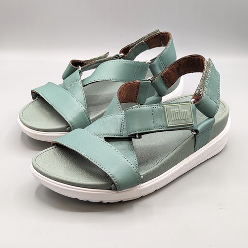 Fitflop Loosh Leather Cross-Strap Sandals Bay Green Women Size 6