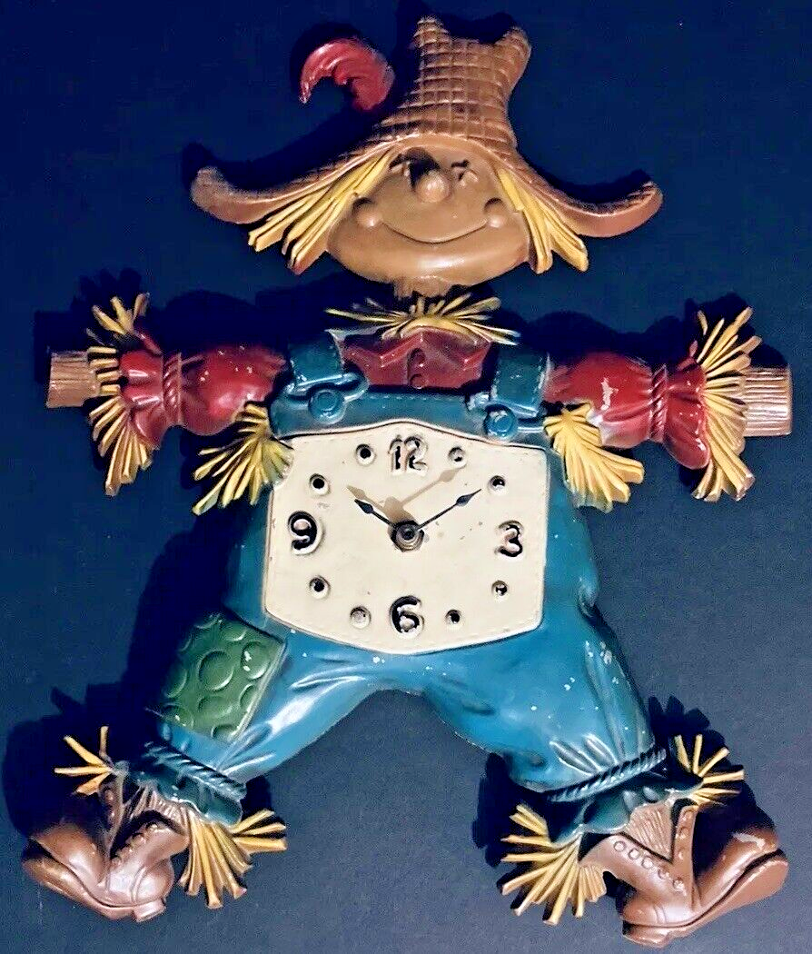 Vintage 1970 Scarecrow Metal Sexton Clock Works Great W/Tied Straw