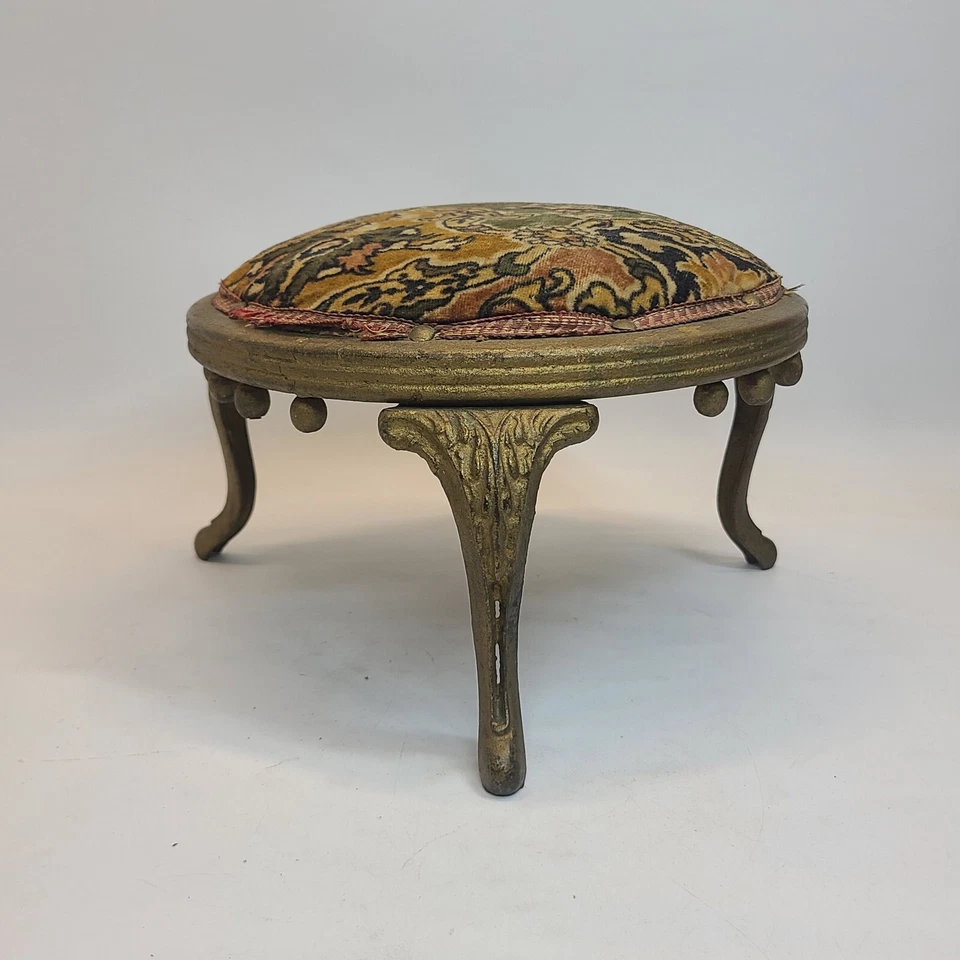 Antique Cast Iron & Wood 3 Foot Stool Georgian Upholstered WJ Chaplin Tapestry - Image 3 of 4