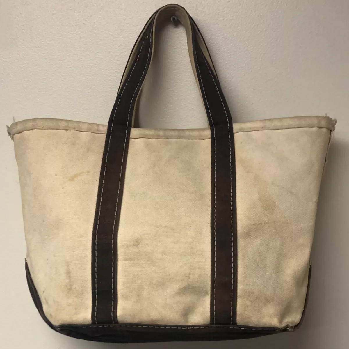 LL BEAN VNTG ICONIC NATURAL W BLUE TRIM BOAT & TOTE BAG MED FREEPORT ME NO TAG