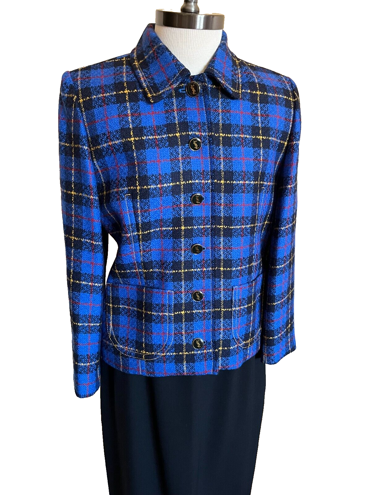 Gonna tuta Yves Saint Laurent France Encore 2 pezzi nero blu lana a quadri taglia 8 10