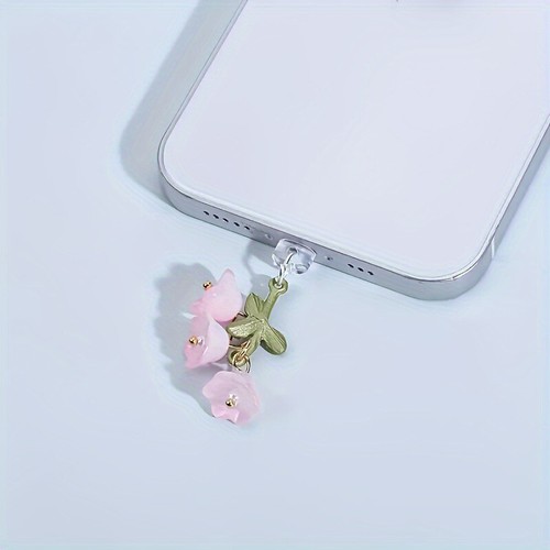 1PC Cute Pink Lily Of The Valley Phone Charm Flower Green Leaf Dust Plug _pw - Zdjęcie 7 z 12