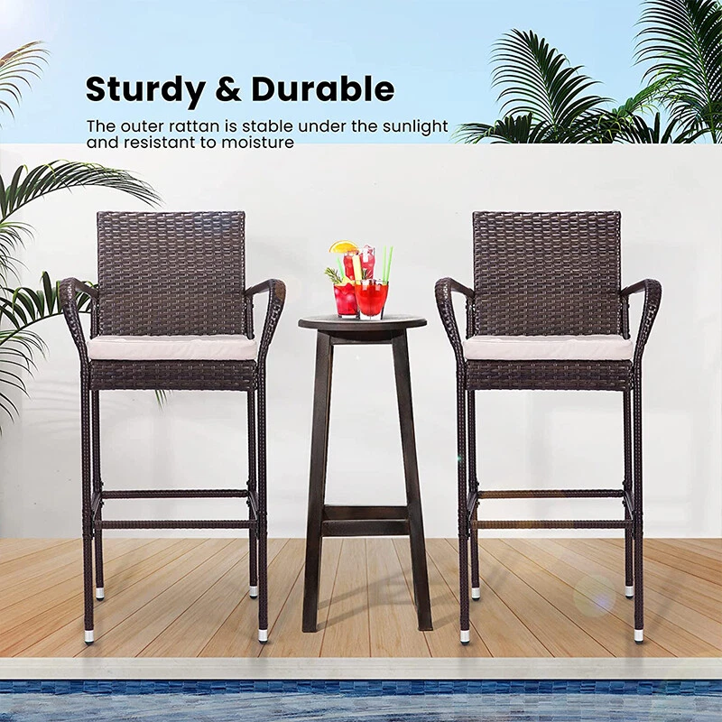 2pcs Outdoor Wicker Barstool Patio Rattan Furniture Bar Stools & Armrest Cushion - Image 4 of 4