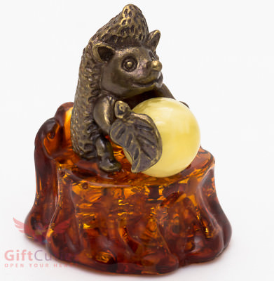  Solid Brass Amber Figurine Hedgehog w Apple wood stump Totem talisman IronWork