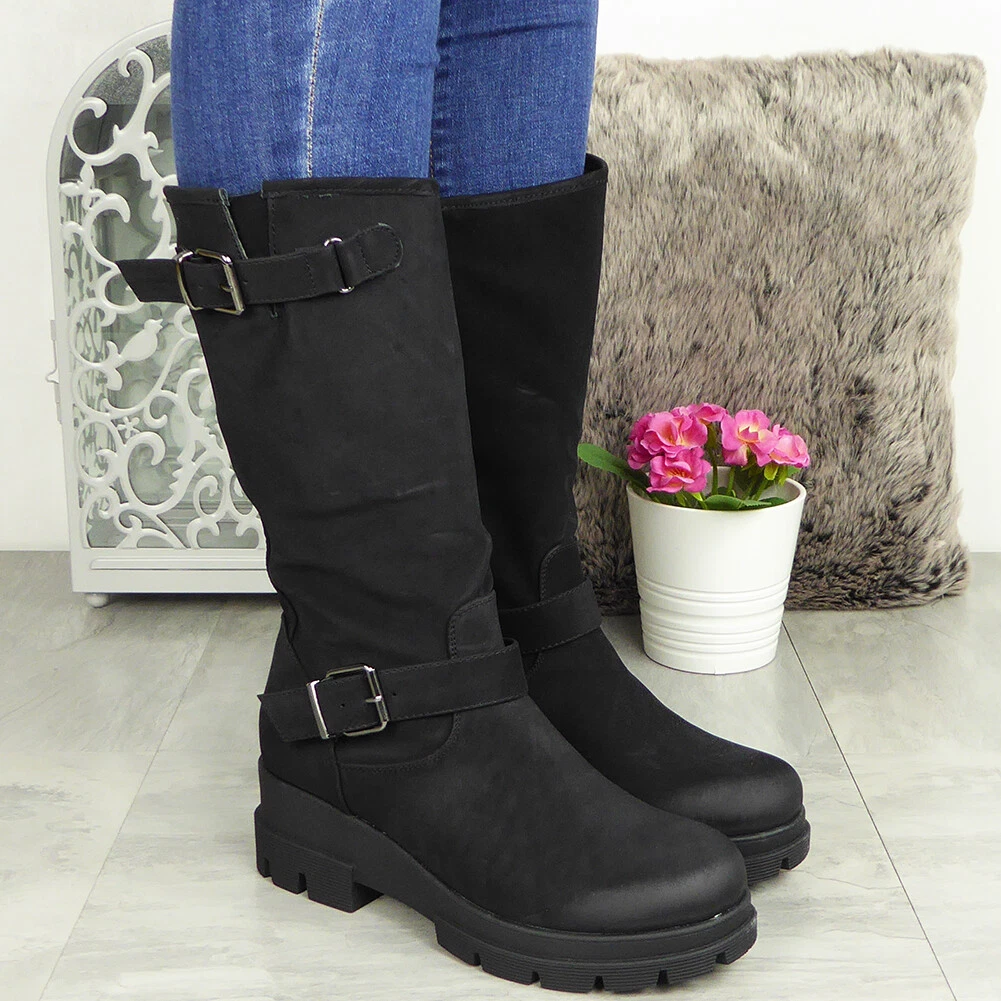Ladies Mid Calf Boots Buckle Biker Strappy Casual Womens Low Heel