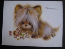 1974 vintage greeting card By Marilyn Conklin CHRISTMAS Fluffy Dog w/ Mice Xmas