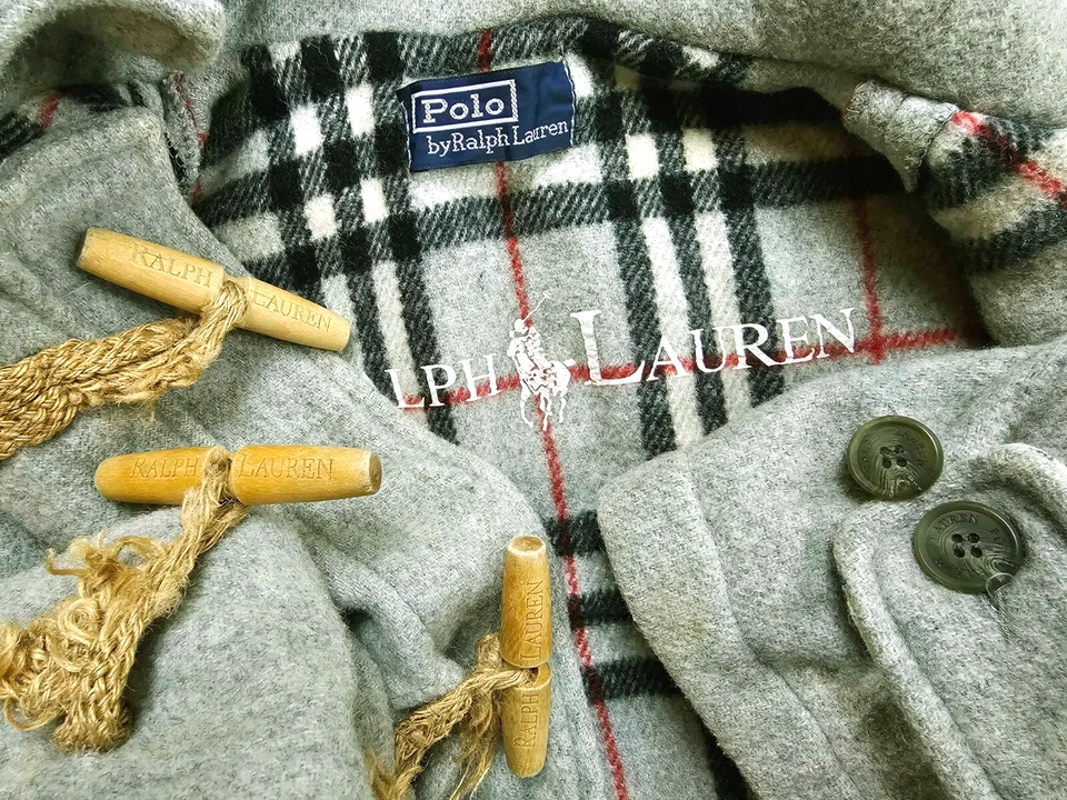 *HOT VTG UNISEX POLO RALPH LAUREN @ DUFFLE HOODED LINED GRAY WOOL TRENCH Coat M - Image 3 of 4
