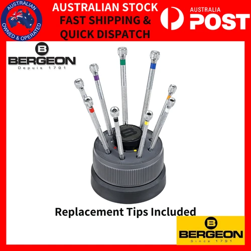 Bergeon 5970 Set of 9 Screwdrivers with Rotating Stand w/ Spare Blade SWISS MADE