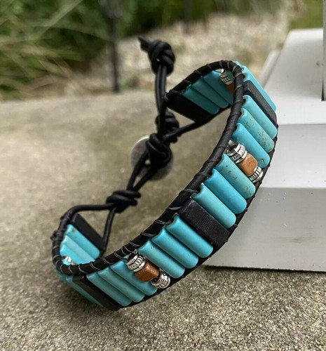Beaded Turquoise and Blackstone Black Leather Cuff Bracelet handmade USA - Picture 7 of 9
