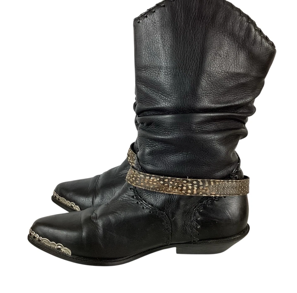 Zodiac Connoy ботинки размер 8 черный кожаный медальон металлический ковбой перья винтажный - Изображение 3 из 4