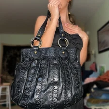 Isabella Fiore Black Leather Studded Shoulder Bag Purse Handbag VTG Brass