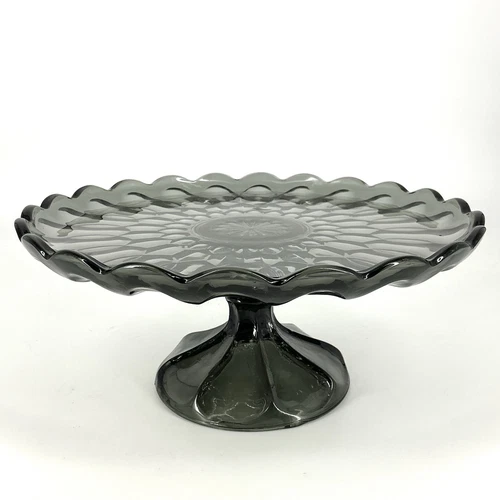 Vintage Anchor Hocking Fairfield Smoke Grey Cake Stand Pedestal Dessert Plate