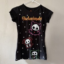 SKELANIMALS Bat Shirt Dog Cat Y2K Vintage 2 Sided Black Used Girls Shirt