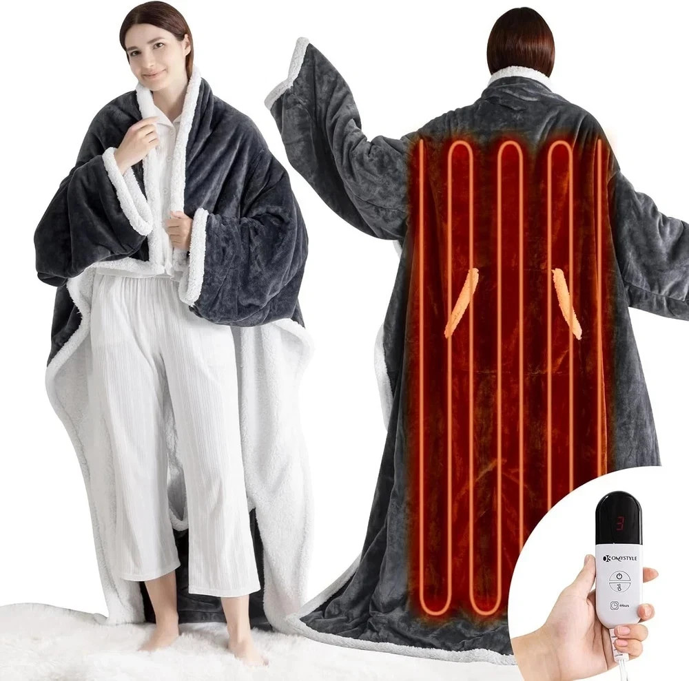 Electric Blanket Wearable with Foot Pocket, Wearable Heated Blanket with Sleeves-image