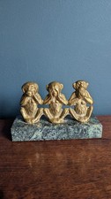 Vintage Brass Three Wise Monkeys Figurine on Green Marble Base