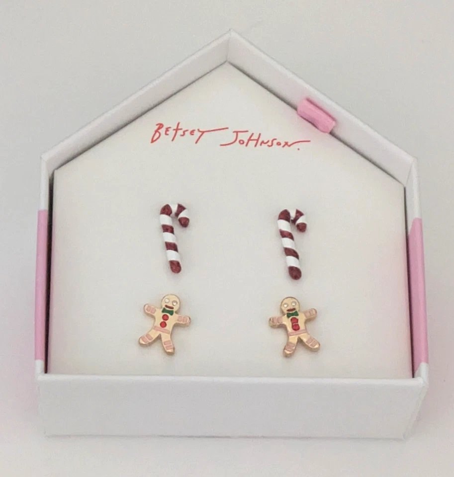 Betsey Johnson 2 Pair Stud Earrings - Gingerbread & Candy Canes w/GB - Image 2 of 4