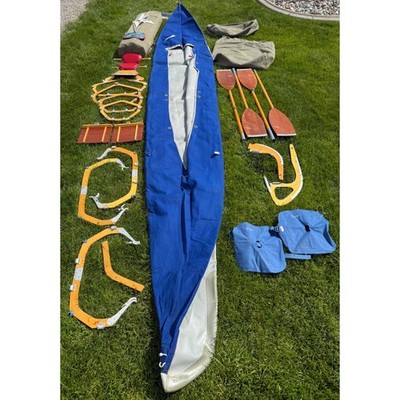 Vintage Klepper Aerius Folding Kayak Blue Canvas Wooden Frame 2 Person 2 Paddles