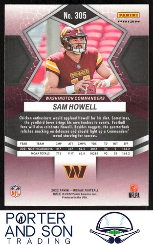 Sam Howell RC Reactive Orange 2022 Panini Mosaic #305 Commanders Football - Picture 2 of 2