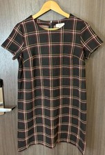 LOFT Outlet Mini Dress Womens S Petite Black Check Stretch Short Sleeve Back Zip