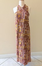 Vintage Bark Cloth Hawaiian Sarong Tapa print Tiki Dress Halter Tie Neck S