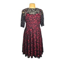 Adrianna Papell Womens Fit Flare Dress Red Black Lace Overlay Feminine Event