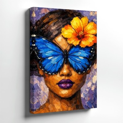 Wall Art Abstract Woman Portrait Blue Butterfly Eyes Orange Flower Oil Painting
