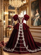 Burgundy Vintage Victorian Ball Gown Special Occasion Evening Gown Print Corset