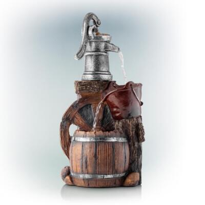 Alpine Corporation Barrel Fountain Old-Fashioned Pump Relaxing Water Flow 3-Tier