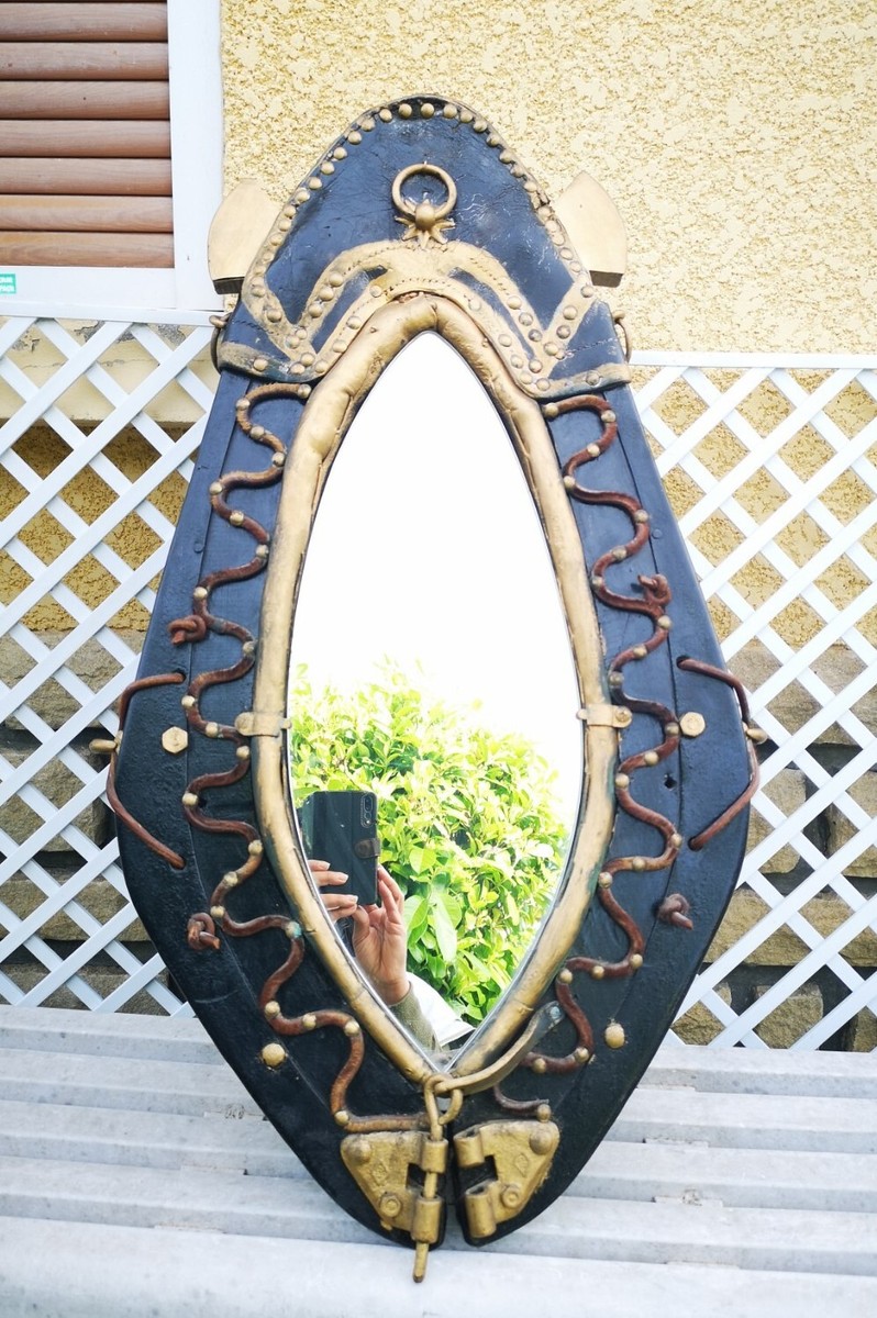 Ancien Miroir Mural Cadre Fonte Et Laiton - Déco Hames - Vintage Industriel